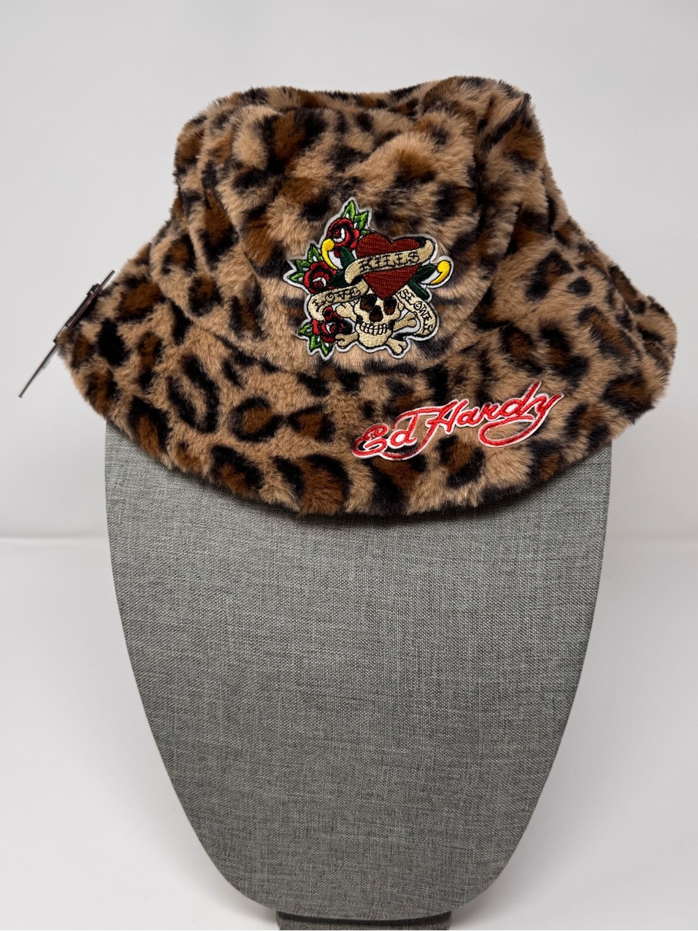 NWT Ed Hardy 'Love Kills Slowly' Tattoo Cheetah Faux Fur Bucket‎ Hat O/S